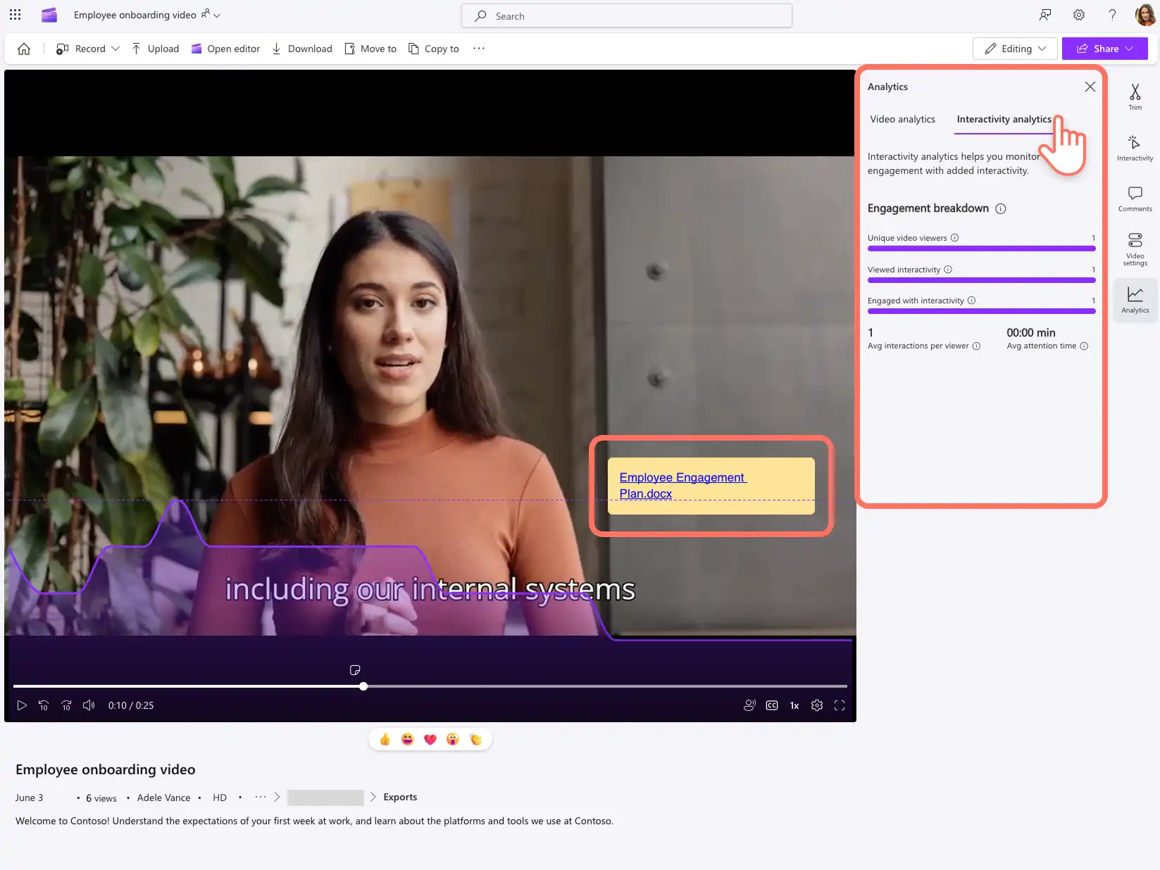 Clipchamp에서 양식과 콜아웃의 상호 작용 지표를 확인하는 사용자