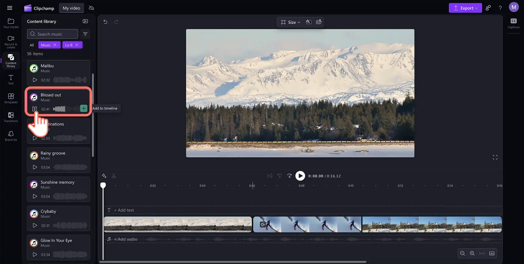 A user previewing a royalty-free song inside the Clipchamp content library.