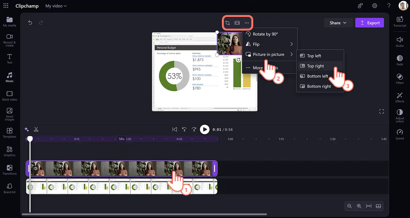 Usuário aplicando a sobreposição picture-in-picture a um ativo de vídeo para criar uma demonstração de produto em vídeo no Clipchamp para o trabalho.