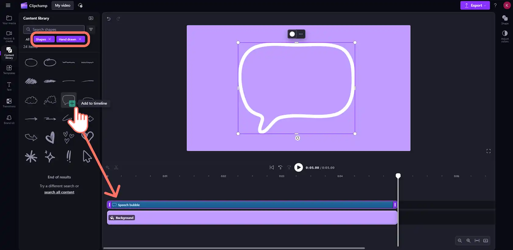 Un utilizator care adaugă o formă de bulă de vorbire desenată de mână într-un videoclip cu fundal violet în Clipchamp. 