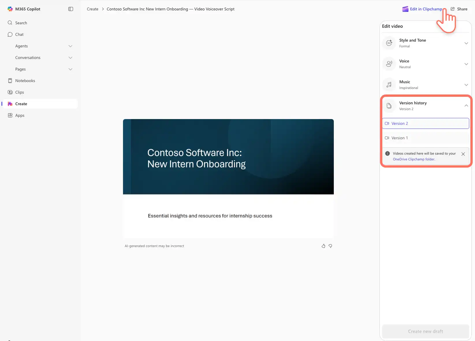 A user selecting edit with clipchamp to further customize a video presentation