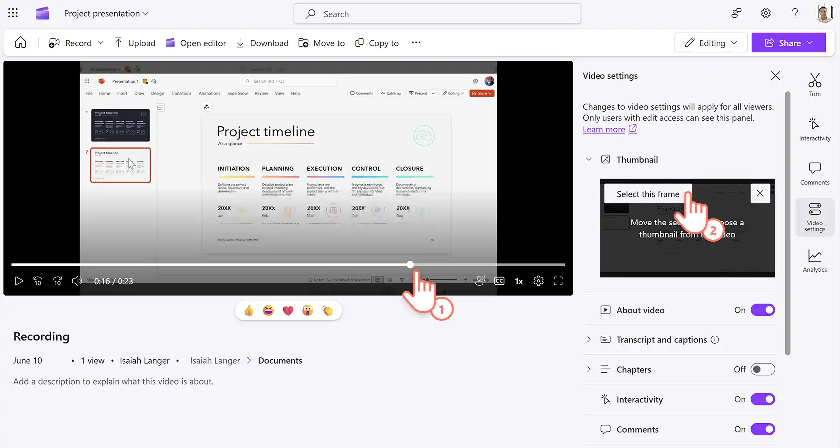 Usuário movendo o cursos do reprodutor de vídeo para criar uma nova miniatura no Microsoft Clipchamp.