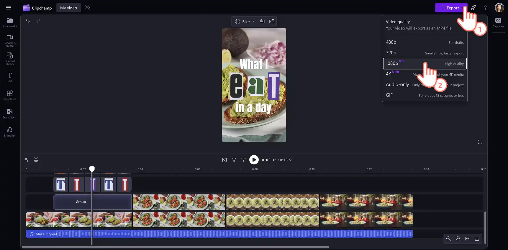 Użytkownik zapisujący klip wideo w wysokiej jakości w Clipchamp. 