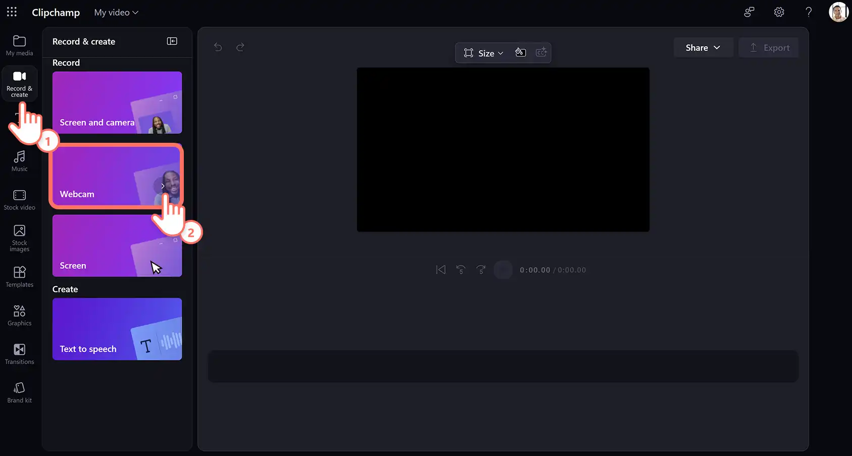 Usuário abrindo o gravador de webcam no Clipchamp para o trabalho.