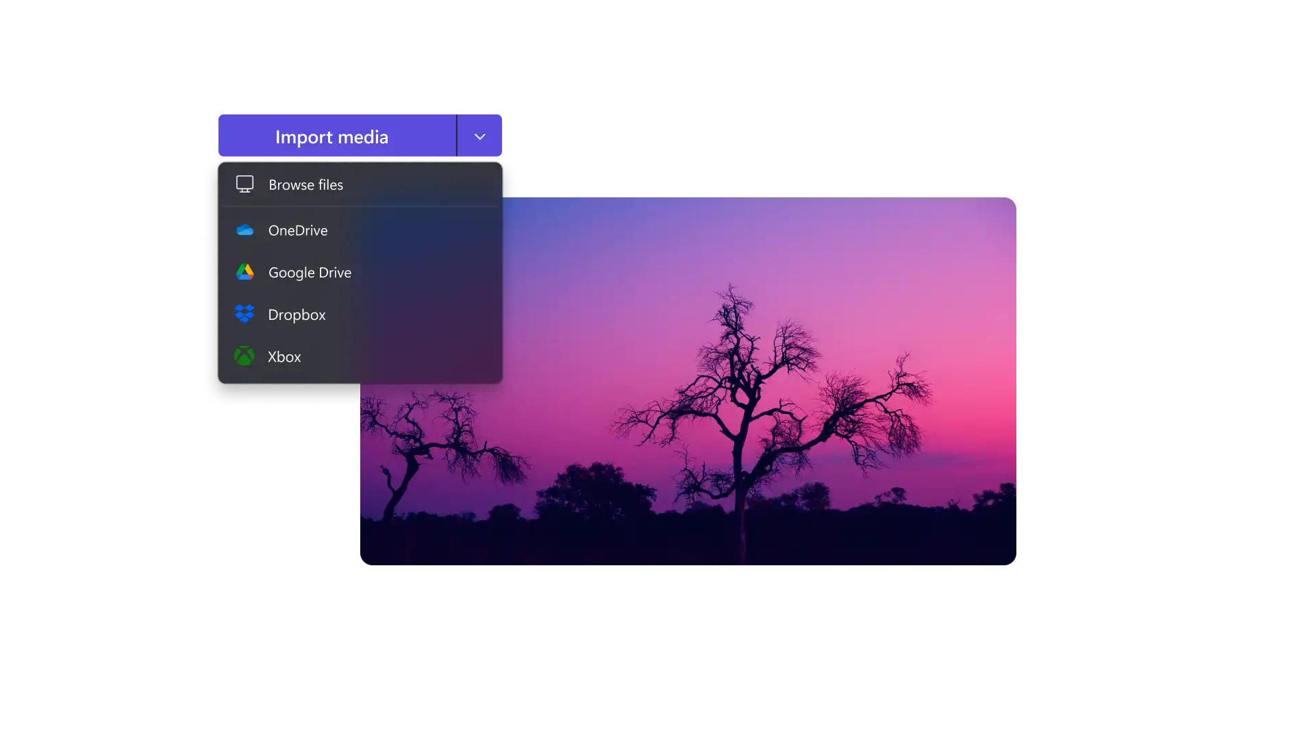 Yükleme özelliğini veya bulut entegrasyonlarını kullanarak Clipchamp’e nasıl video ekleneceğini gösteren görsel