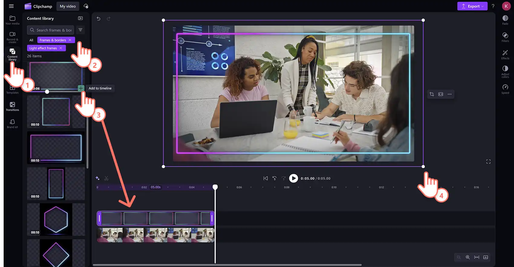 A user adding an animated border overlay to a video in Clipchamp video editor.