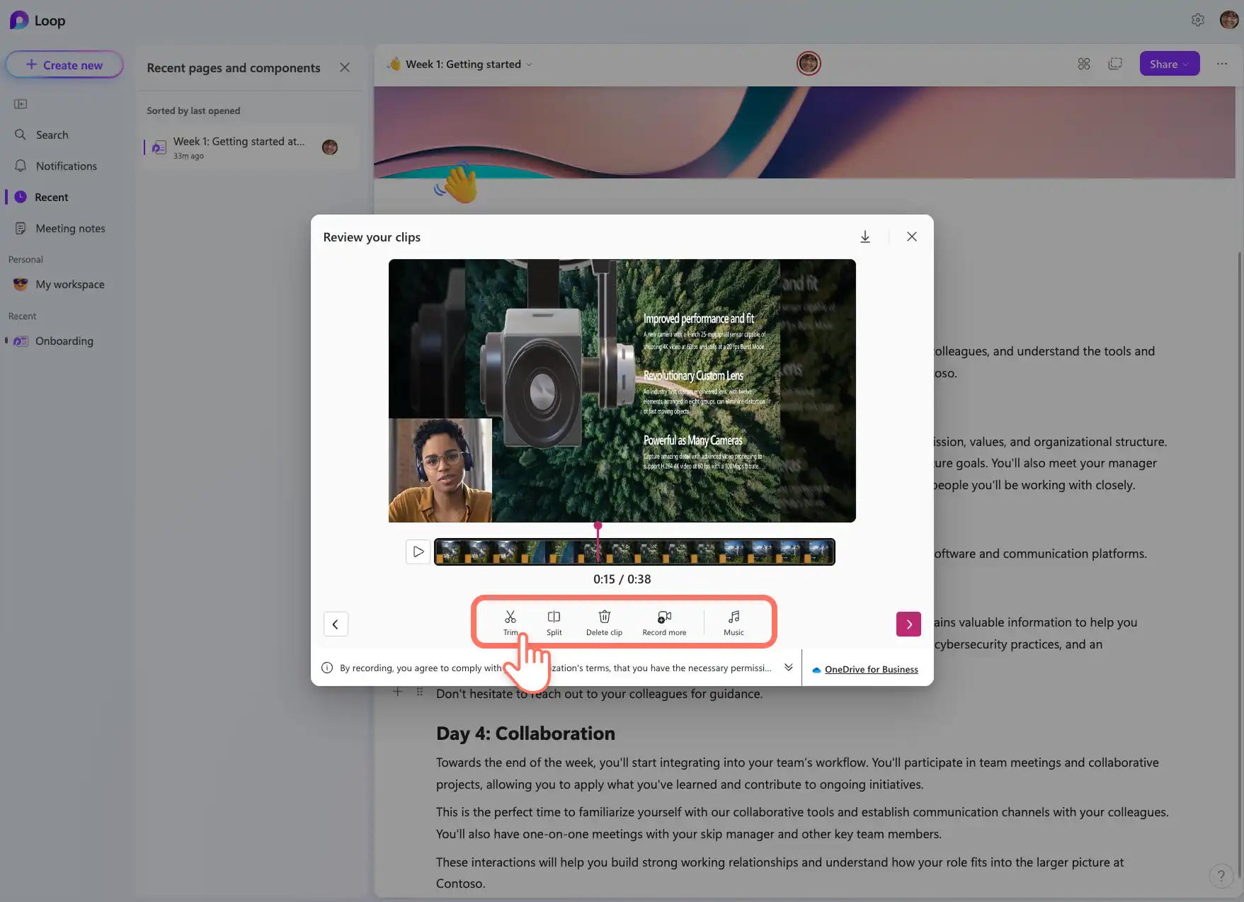 Pengguna melihat pratinjau dan mengedit video perekaman layar di dalam Microsoft Loop