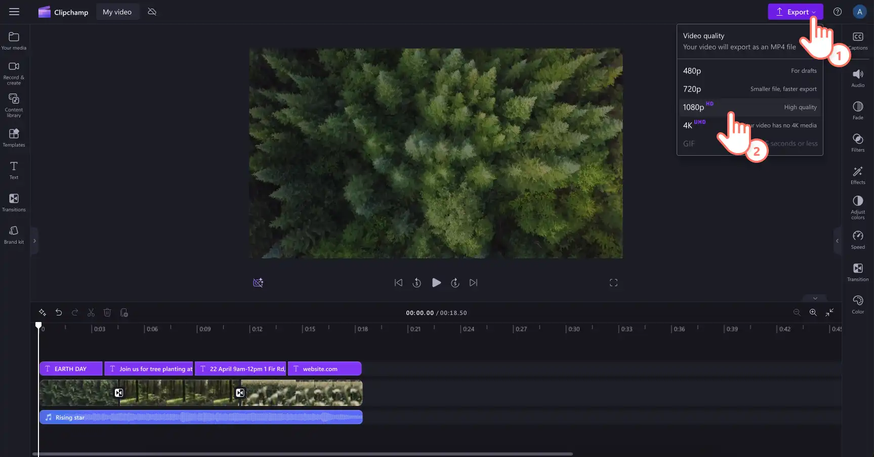 Видеоны экспорттап, Clipchamp видеоредакторында 1080p ажыратымдылығын таңдап жатқан пайдаланушының суреті.