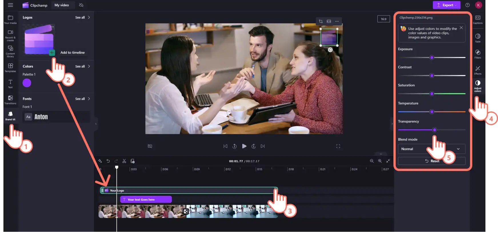 Gambar pengguna Clipchamp menambahkan logo mereka ke video untuk membuat marka air.