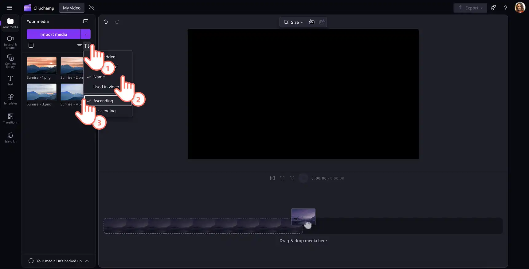 Clipchamp 가져오기 미디어 탭에서 날짜별로 사진을 정렬하는 사용자