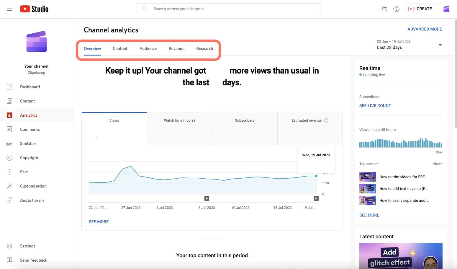 Imej analitis YouTube Clipchamp. 
