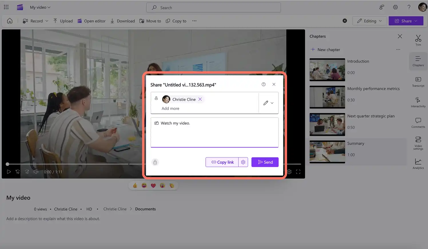 Пользователь предоставляет доступ к главе видео в Clipchamp.