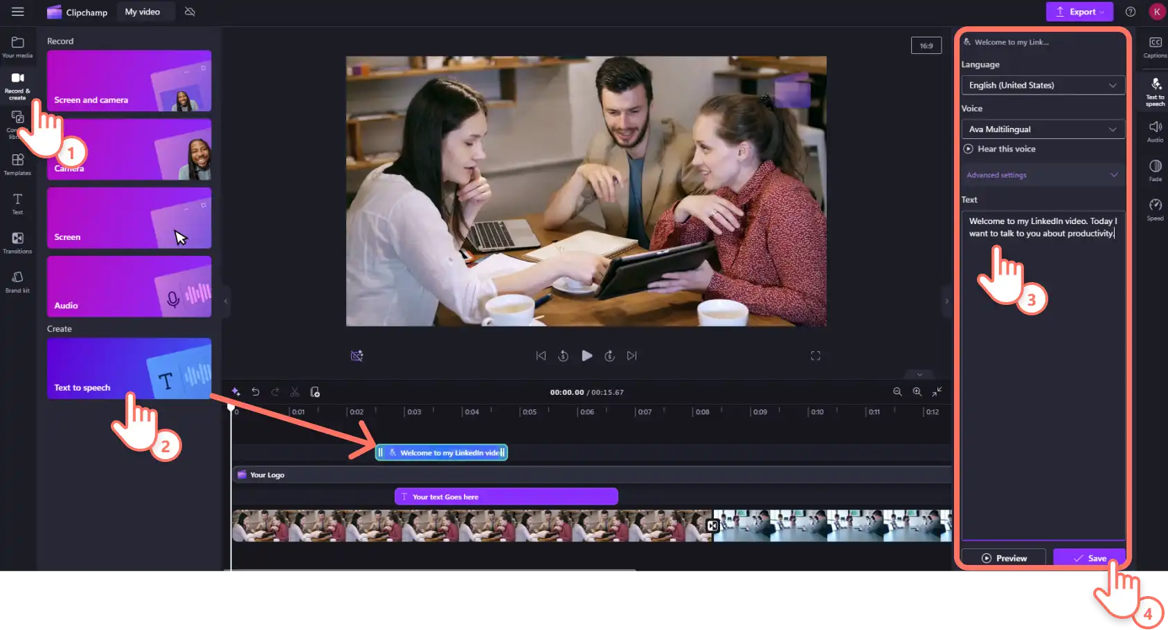 Gambar pengguna Clipchamp menambahkan sulih suara AI ke video mereka menggunakan fungsi teks ke ucapan.