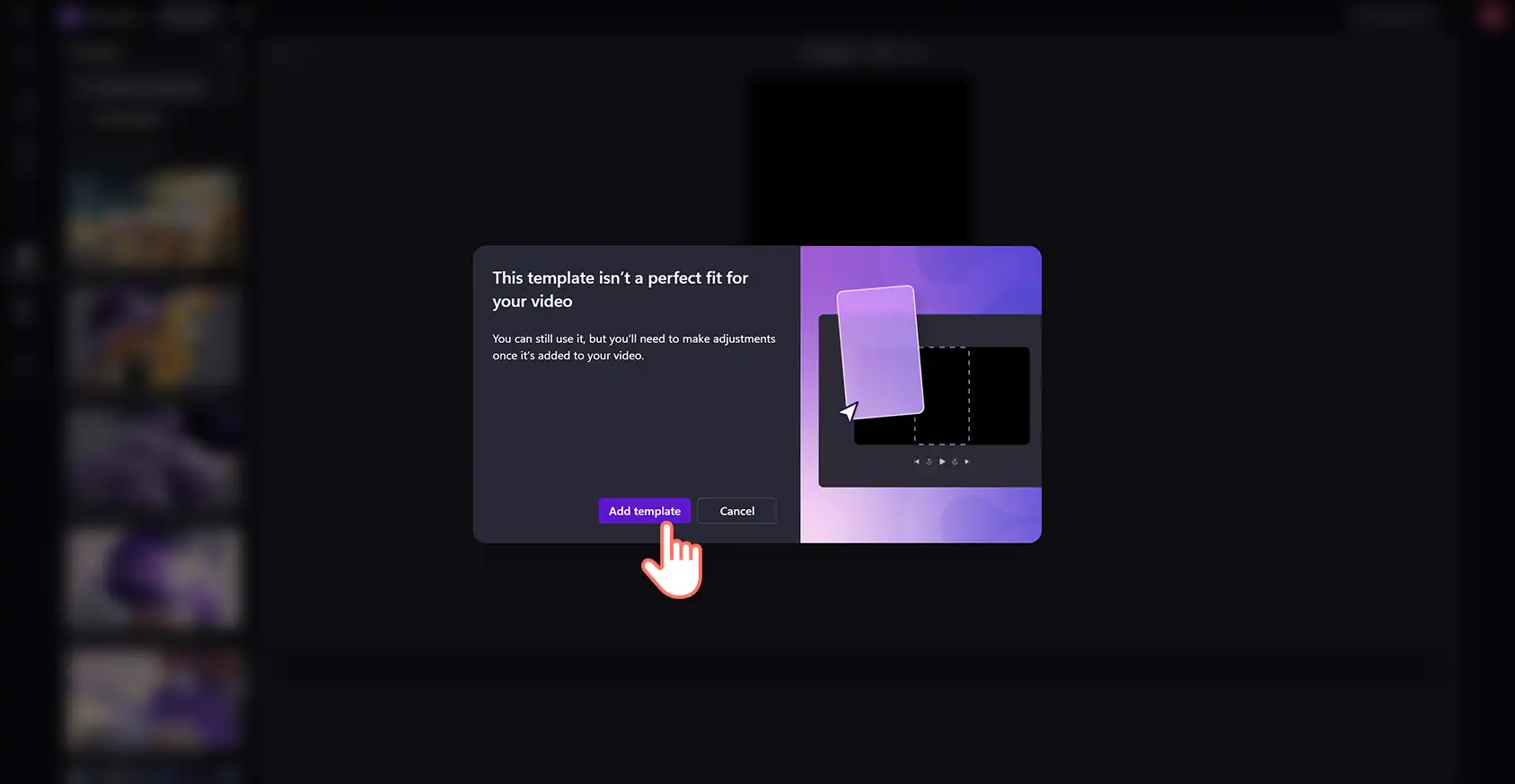 En bruger klikker på knappen Tilføj skabelon for at matche en videoskabelon til standard-højde-bredde-forholdet for video i Clipchamp-videoeditoren. 
