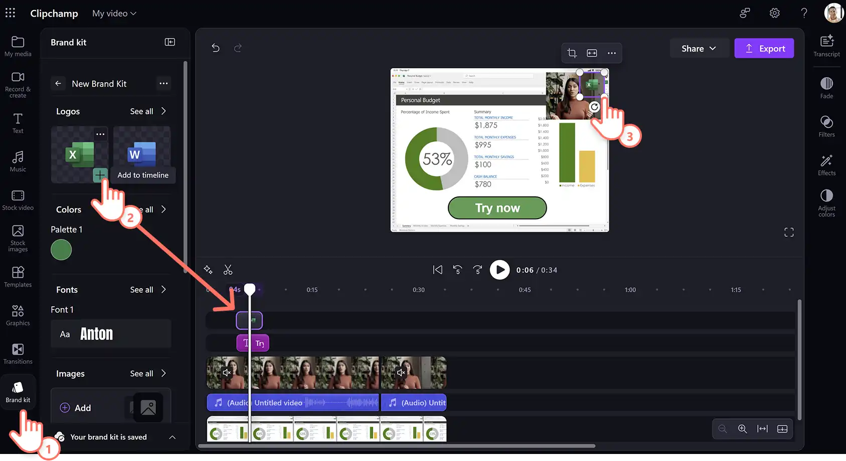 Usuário adicionando um logotipo usando a ferramenta de kit de marca em um vídeo de demonstração de produto no Clipchamp para o trabalho.