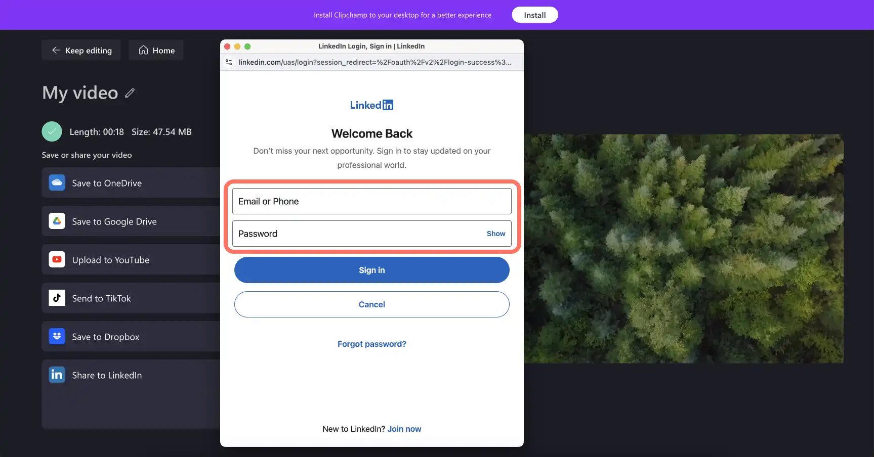 Clipchamp-пен байланыстыру үшін LinkedIn-ге кіріп жатқан пайдаланушының суреті.