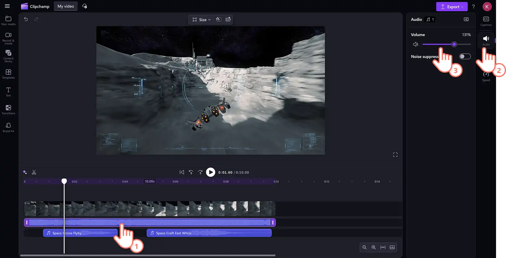 Een gebruiker verhoogt het volume van een audionummer met de geluidversterker in de Clipchamp-video-editor.