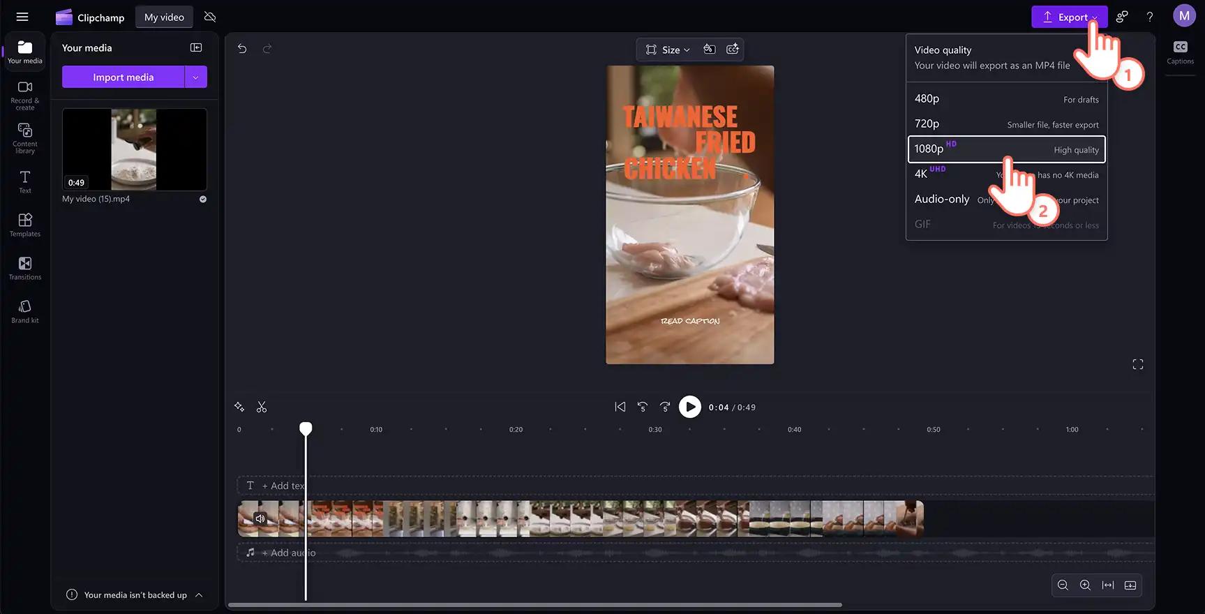 Et billede af en Clipchamp-bruger, der eksporterer sin TikTok-video i dimensionen 1:1 til et Instagram-feedopslag.