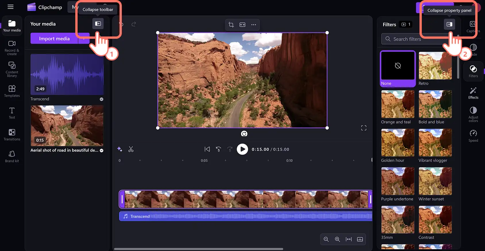 Clipchamp で [ツール バーを折りたたむ] ボタンと [プロパティ パネルを折りたたむ] ボタンをクリックしているユーザー。