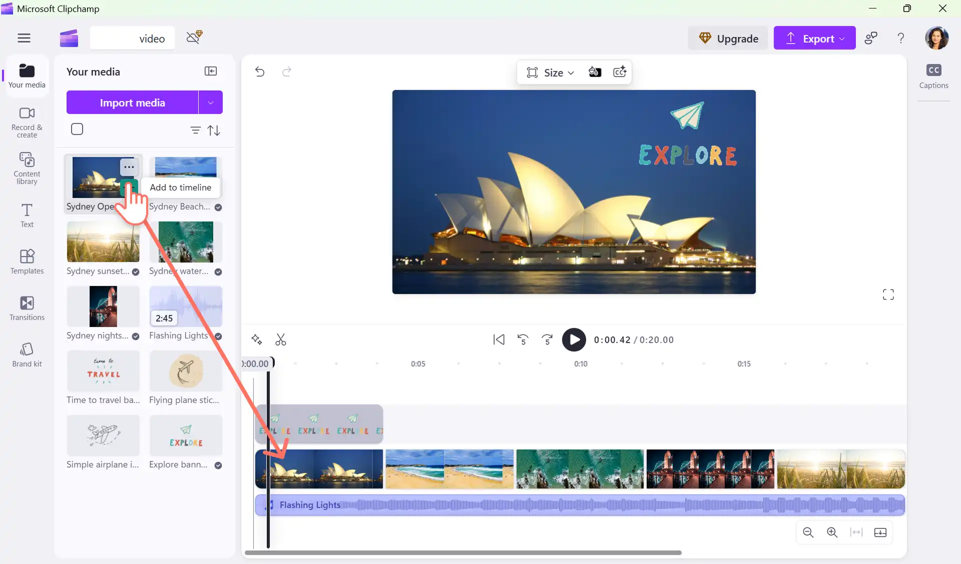 Obraz przedstawiający łączenie filmów w aplikacji do edycji wideo Microsoft Clipchamp.
