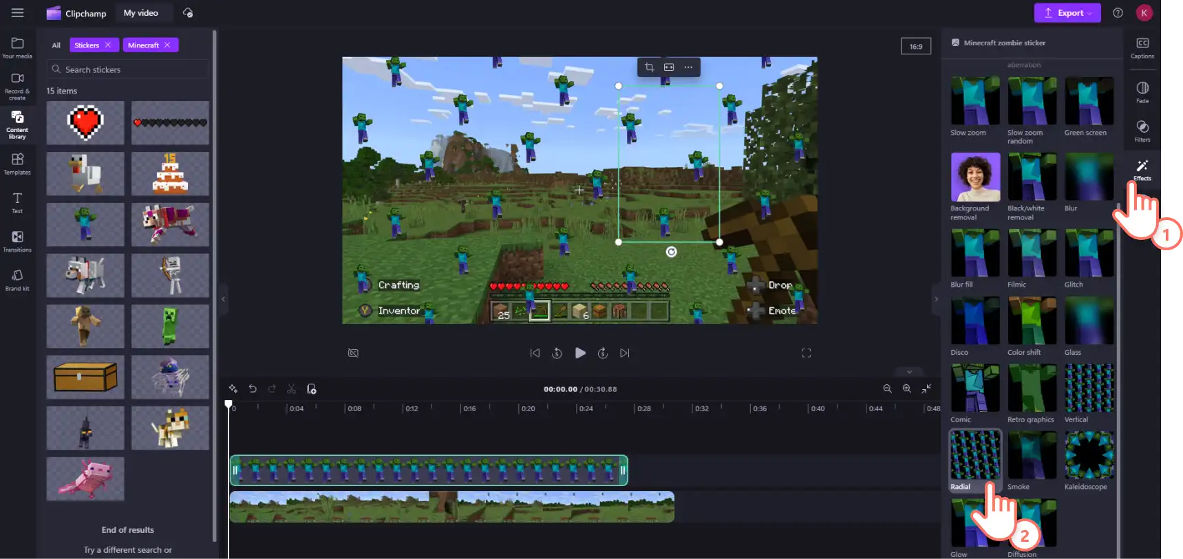 An image of a Clipchamp user adding the radial effect to a Minecraft sticker.