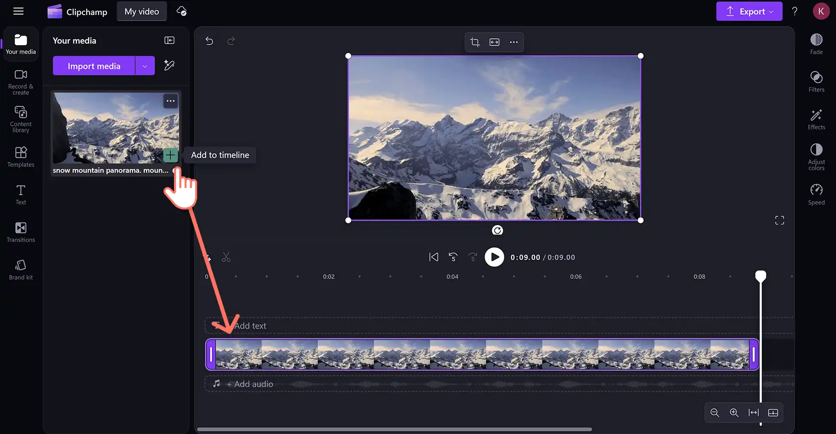 Pengguna menyeret dan melepaskan video ke lini masa di Clipchamp.