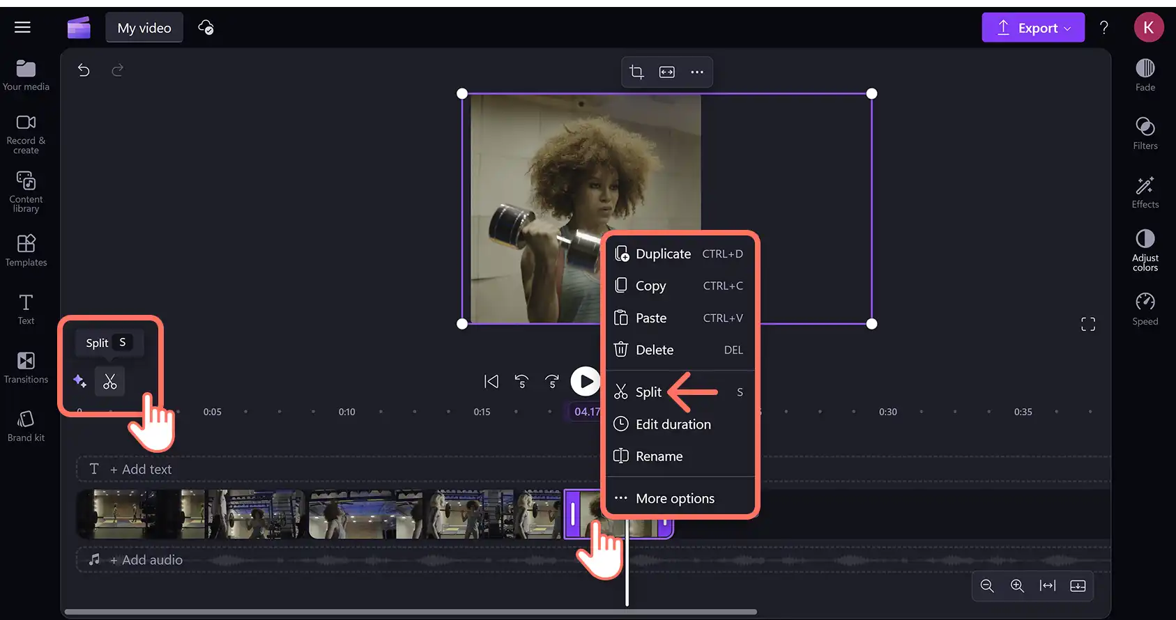 Un utente che divide una risorsa video in un Reel di evidenza nell'editor video Clipchamp. 
