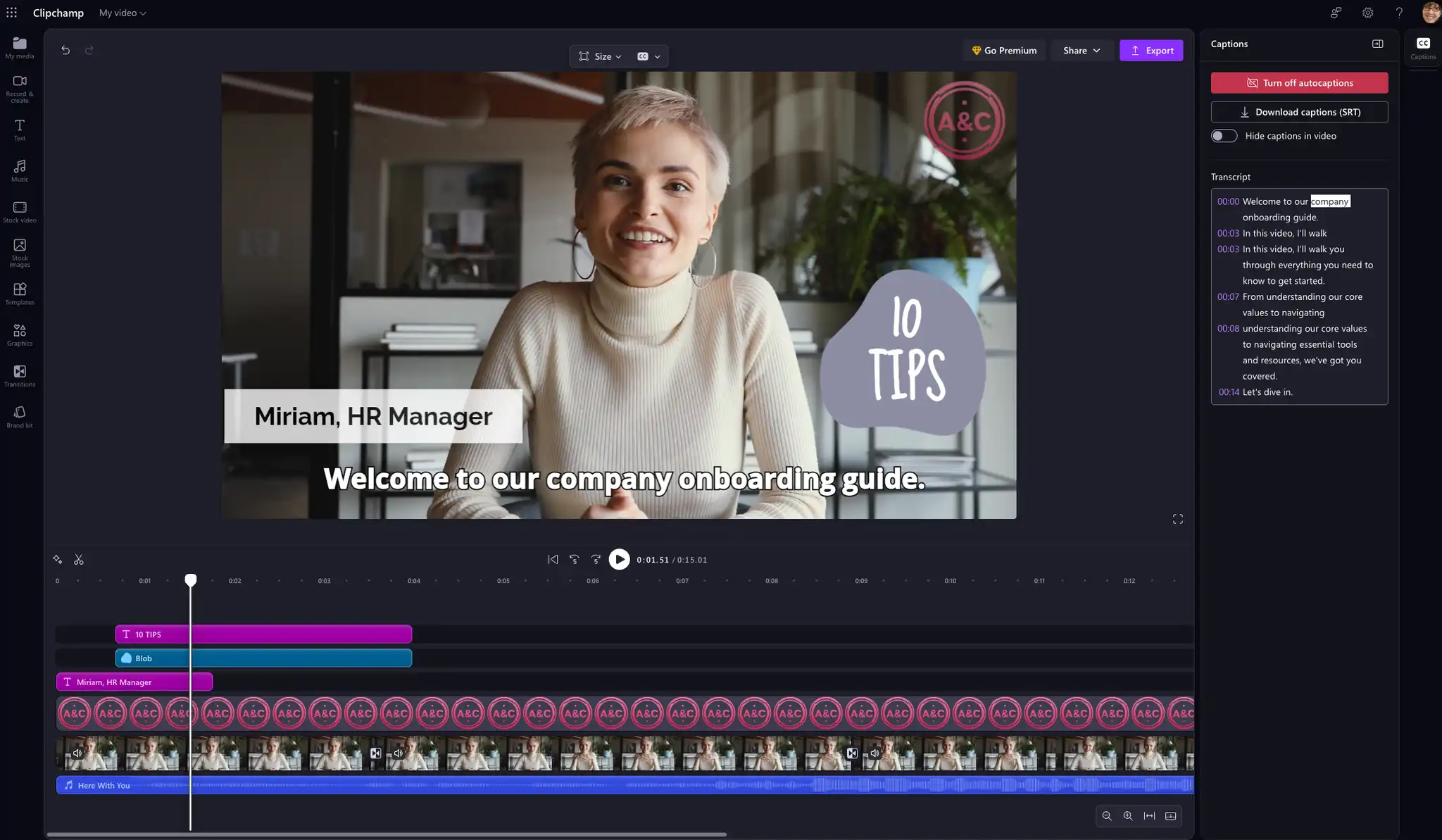 A user generating subtitles on a work video in the Clipchamp for work application
