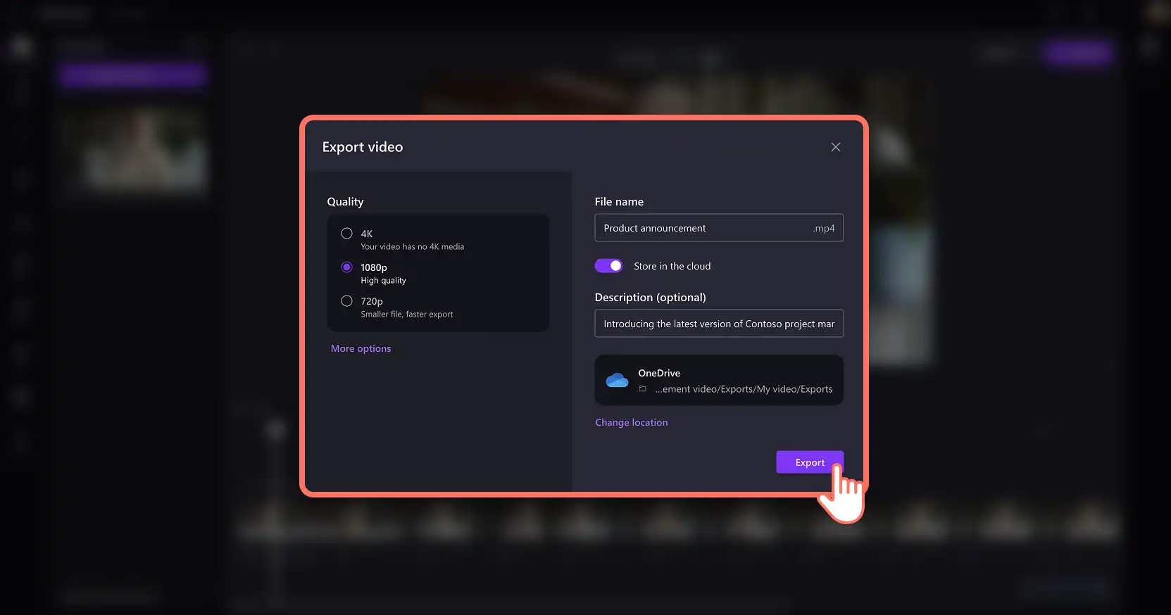 Pengguna menyimpan video berkualitas tinggi di Clipchamp untuk pekerjaan