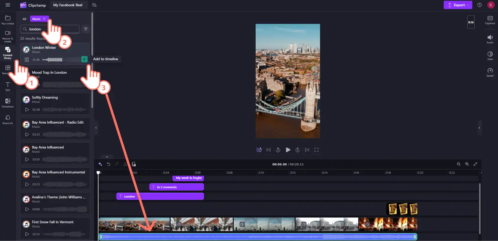 A user adding background music to the timeline in Clipchamp.