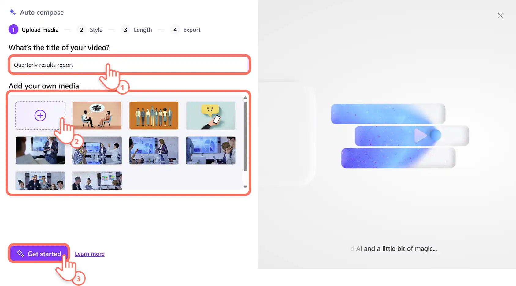 Un utente che assegna un nome a un video e importa file video e quindi preme il pulsante Introduzione nella composizione automatica basata sull'IA nell'editor video Clipchamp.