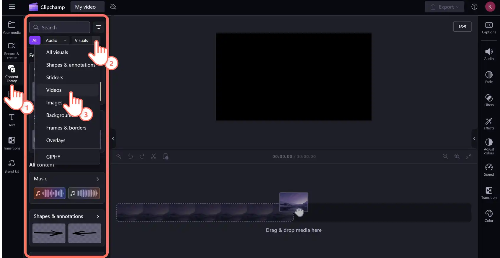 A user accessing the videos category inside the content library in Clipchamp.