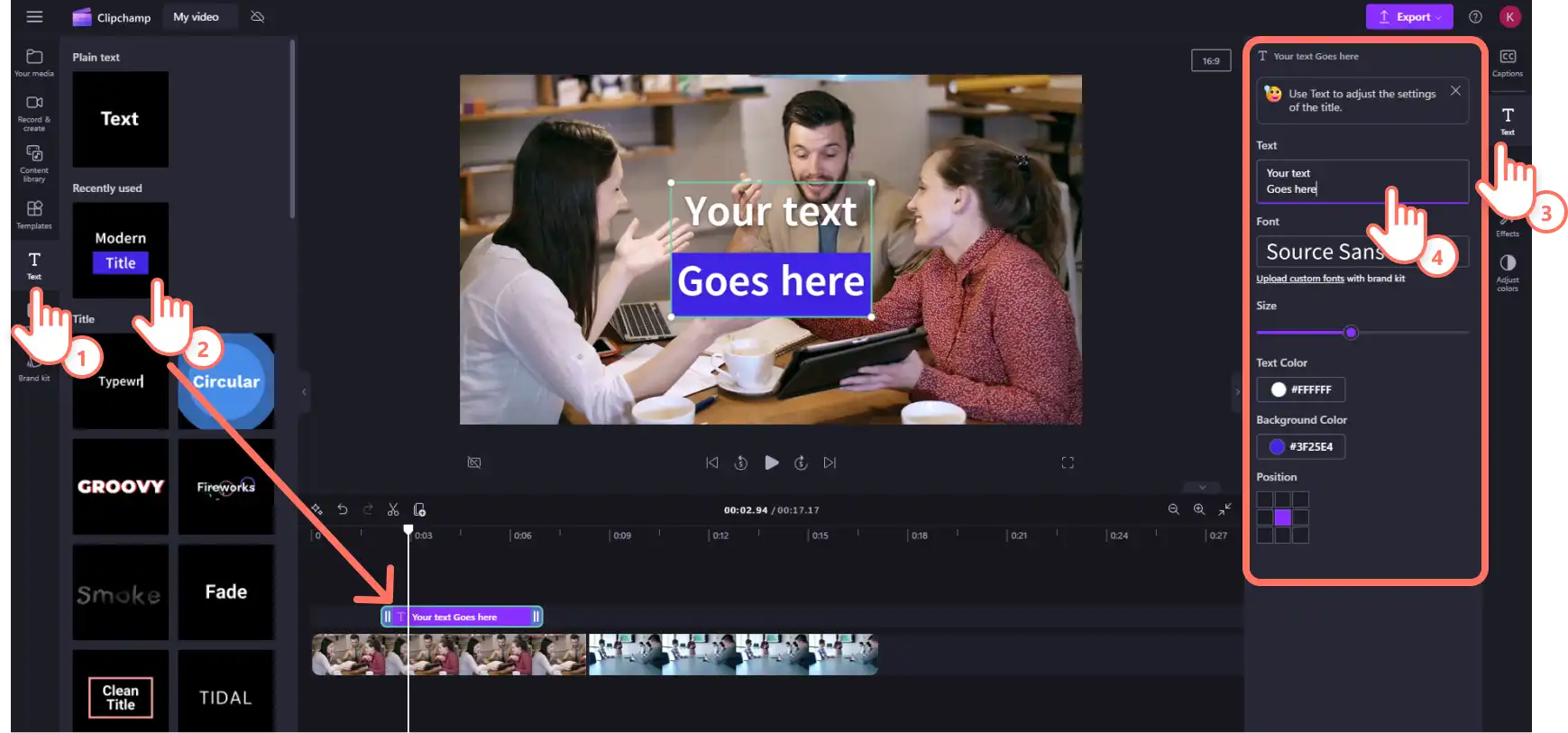 Gambar pengguna Clipchamp menambahkan teks animasi ke videonya.