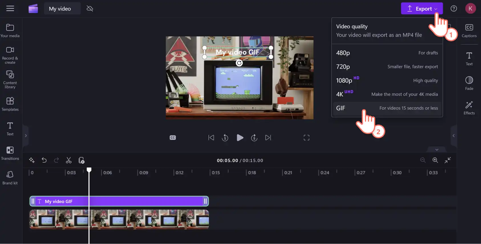 YouTube videosunu GIF olarak dışarı aktaran Clipchamp kullanıcısının resmi.