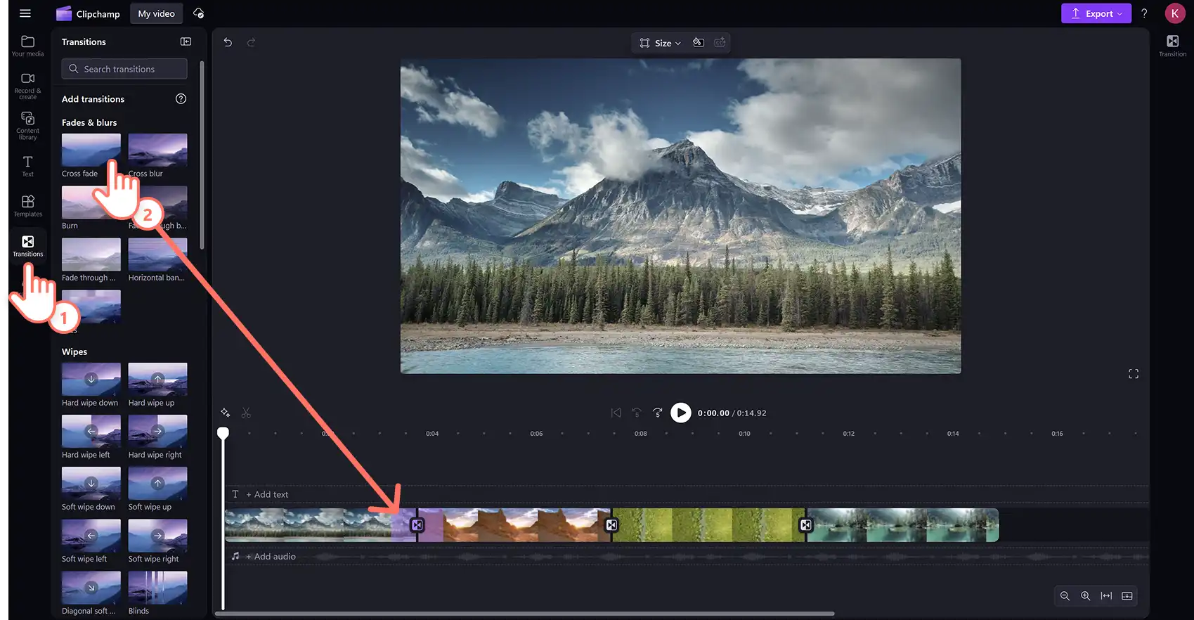Un utente che aggiunge transizioni tra clip video uniti in Clipchamp editor video. 