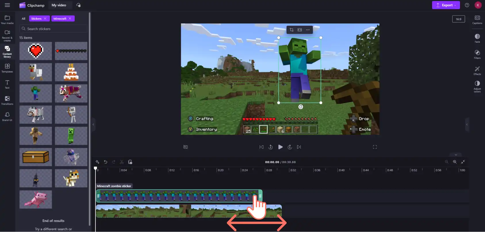 An image of a Clipchamp user changing the duration of a Minecraft sticker.