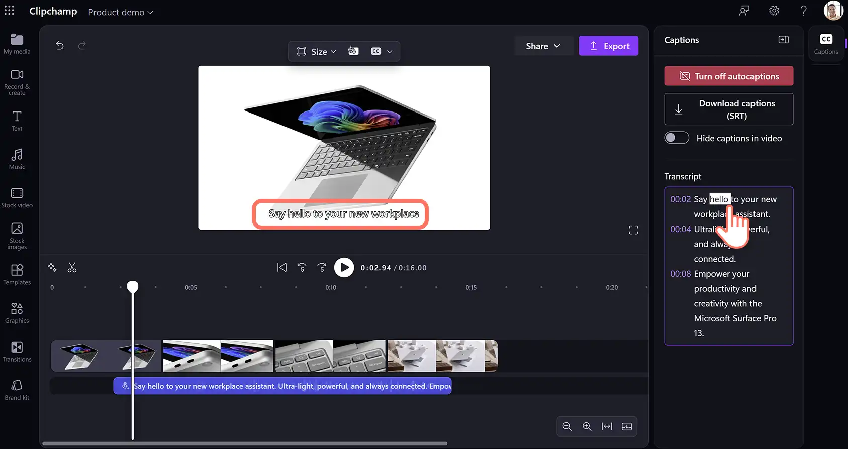 A user editing autocaptions in the transcript box in Clipchamp for work.
