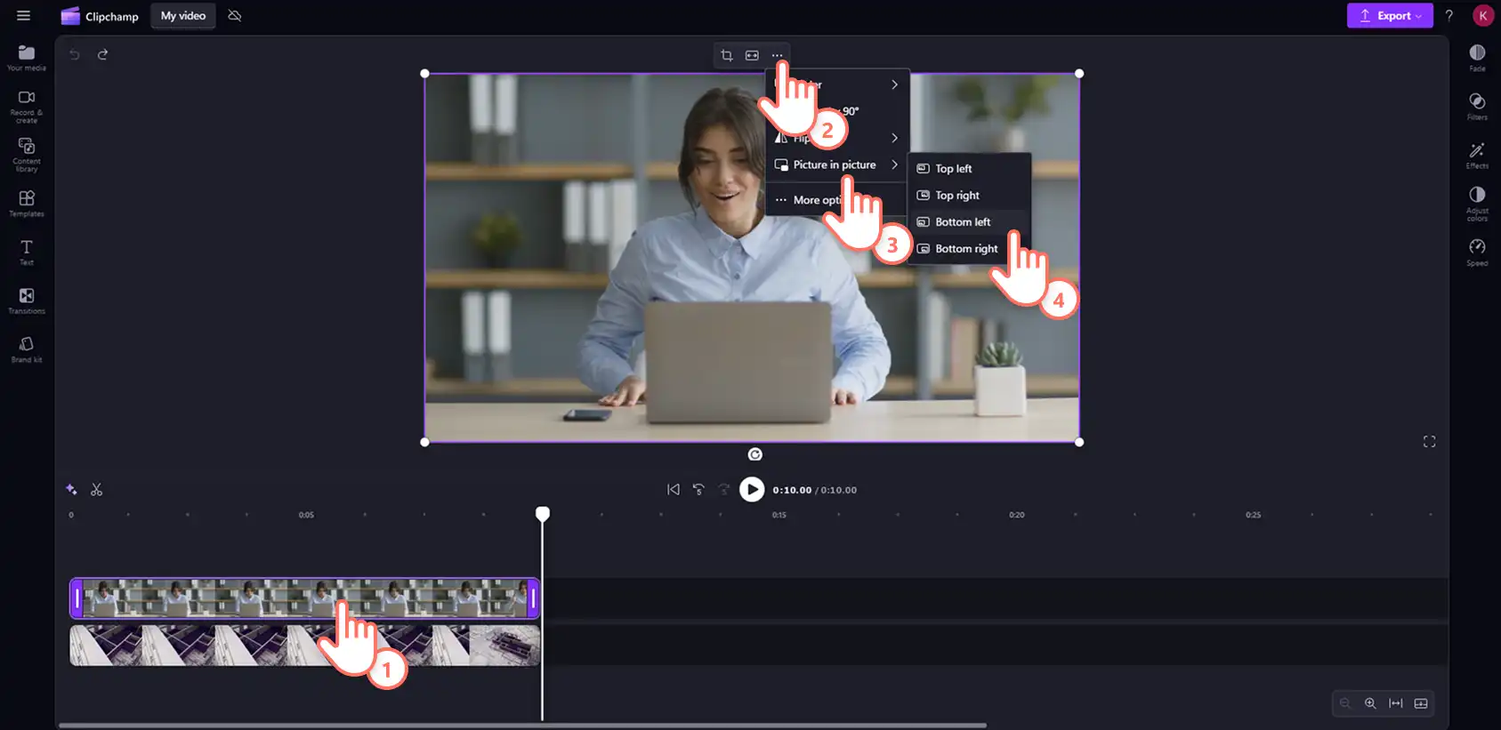 用户在 Clipchamp 的浮动工具栏中单击“画中画”按钮。