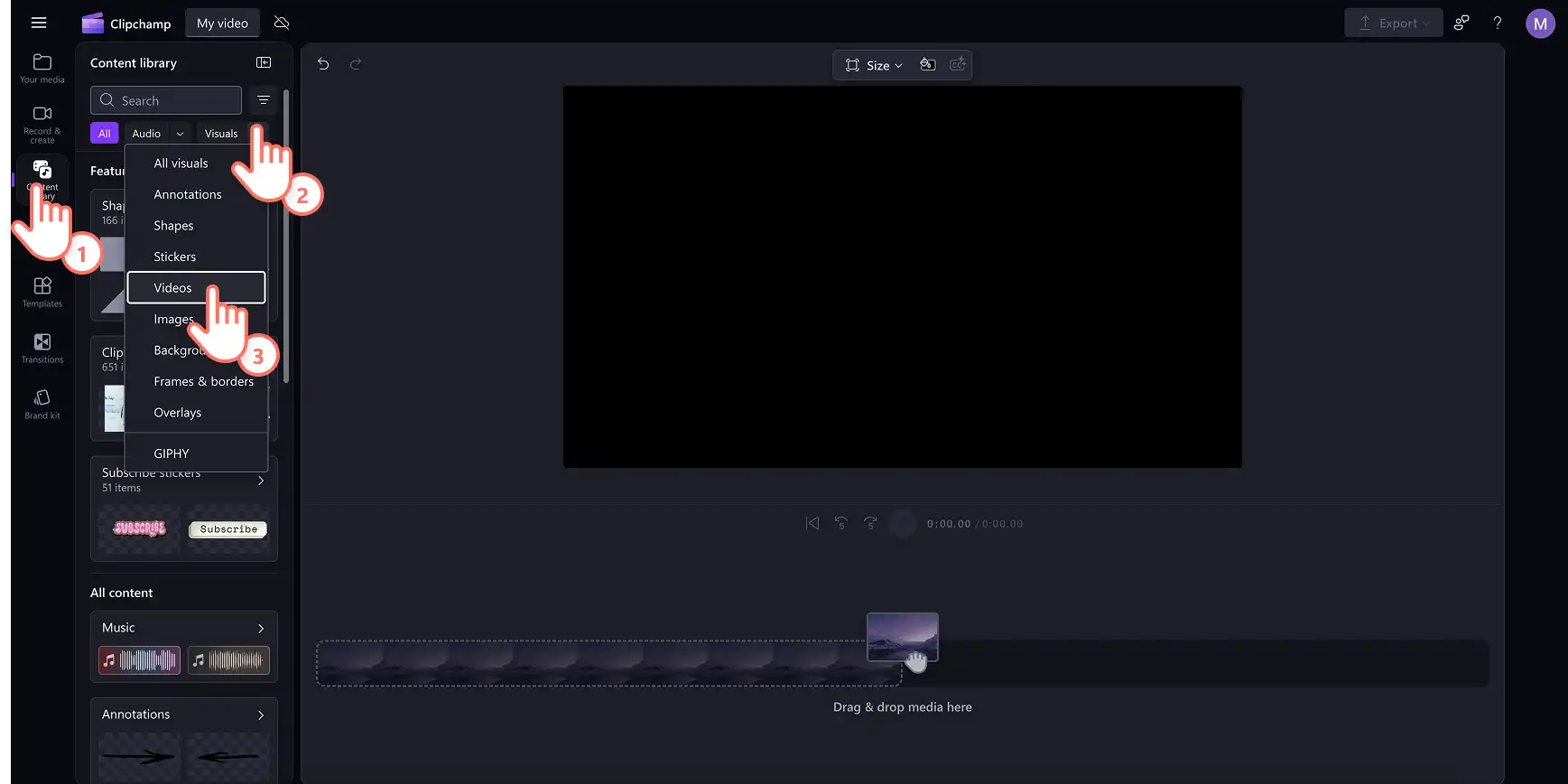 A user searching for royalty-free stock videos in Clipchamp.