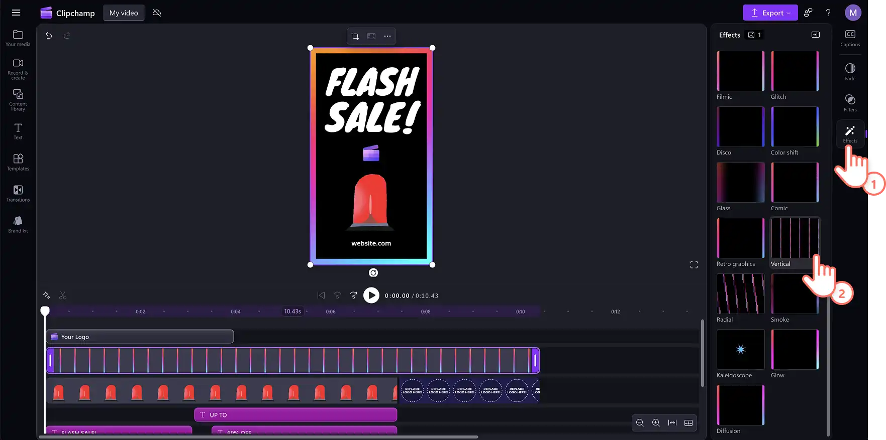A user browsing the effects options in the property panel in Clipchamp.