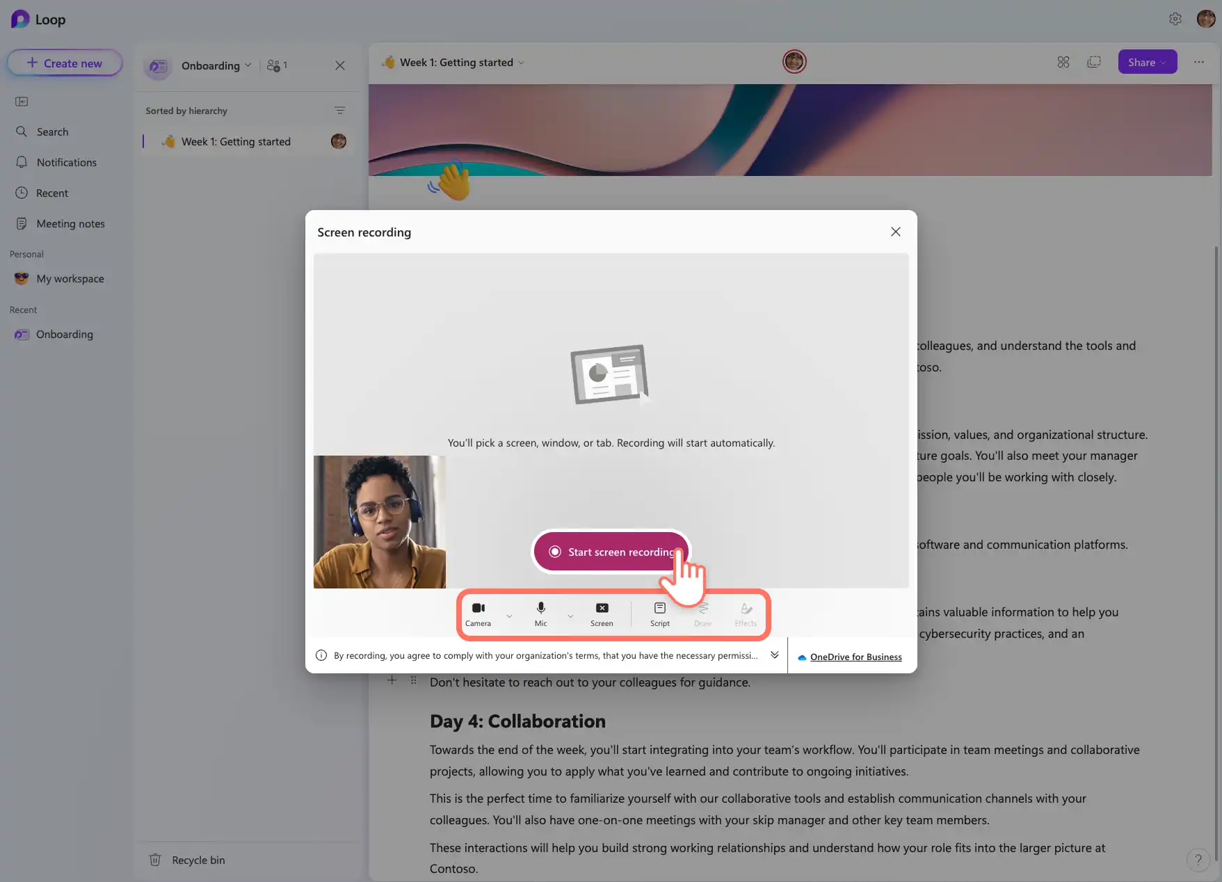 Pengguna mengaktifkan izin untuk merekam layar dan webcam di dalam Microsoft Loop