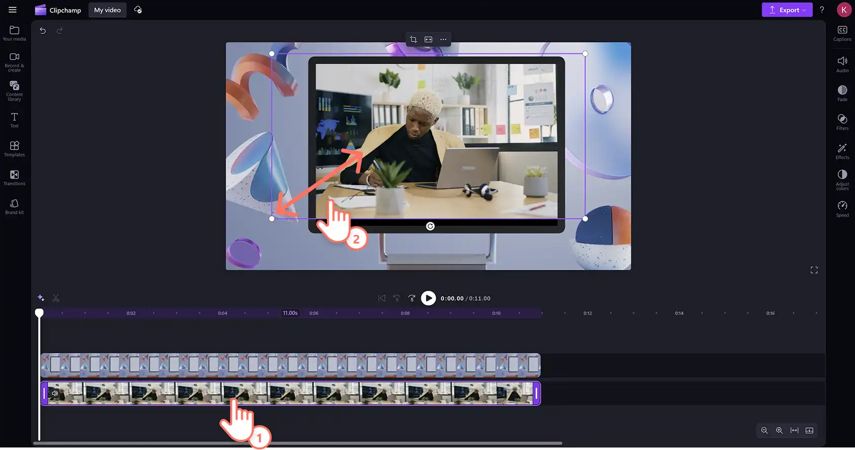 A user resizing a video to fit a frame overlay in Clipchamp video editor.