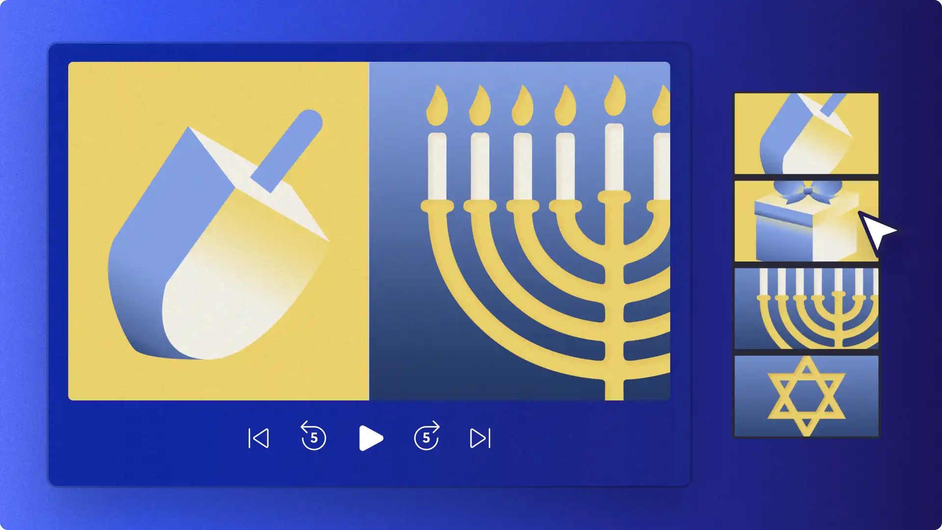 Pengguna menambah imej dan pelekat Hanukkah pada video dalam Clipchamp. 