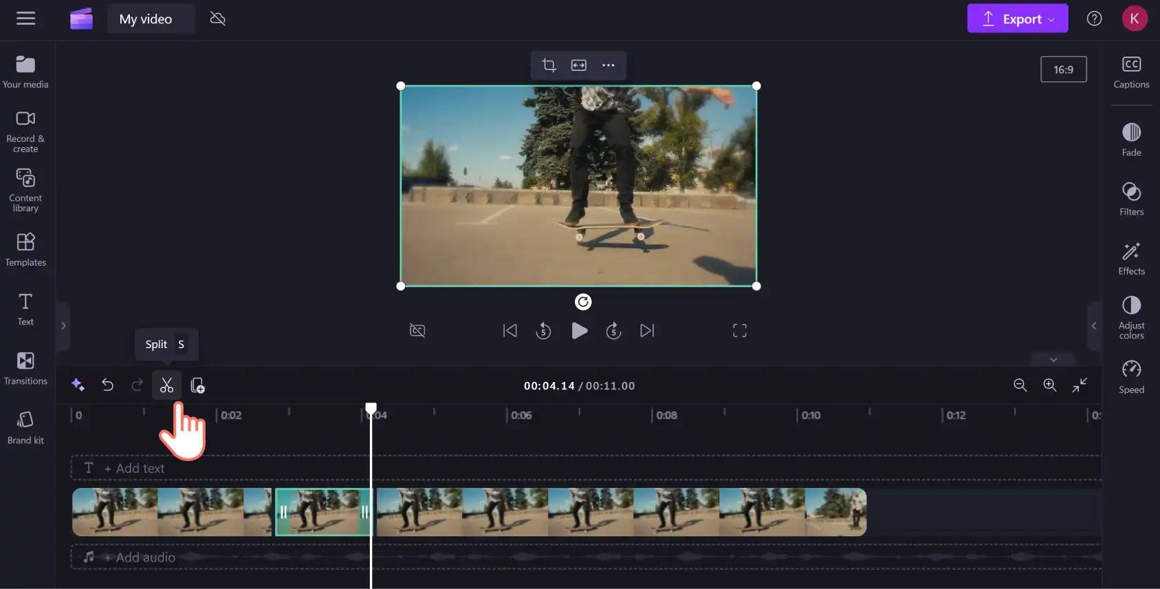 An image of a Clipchamp user clicking the split button after moving the seeker to the right.