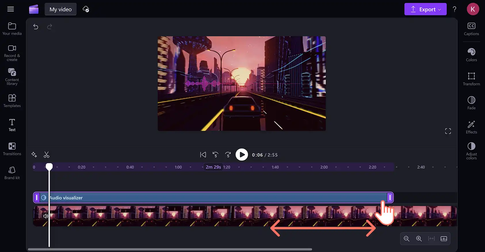 A user trimming the length of the music visualizer in Clipchamp video editor.