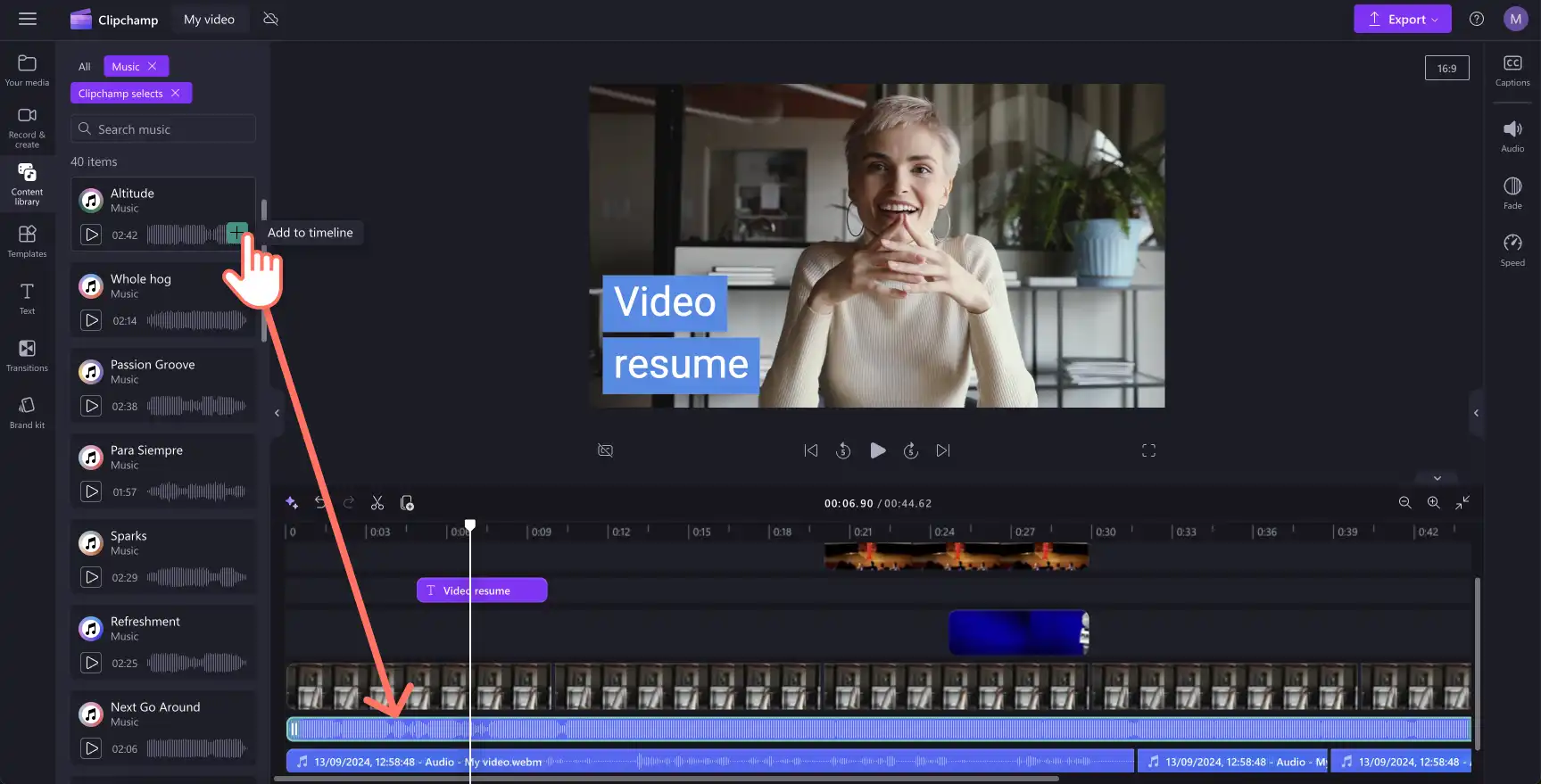 Tambahkan muzik pada video dalam Clipchamp