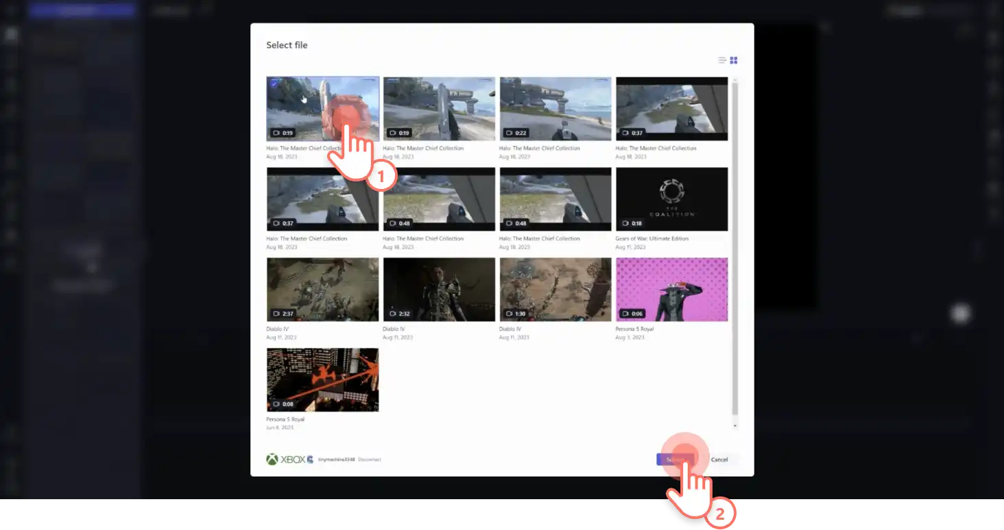 Εικόνα ενός χρήστη που επιλέγει βίντεο Xbox για εισαγωγή.