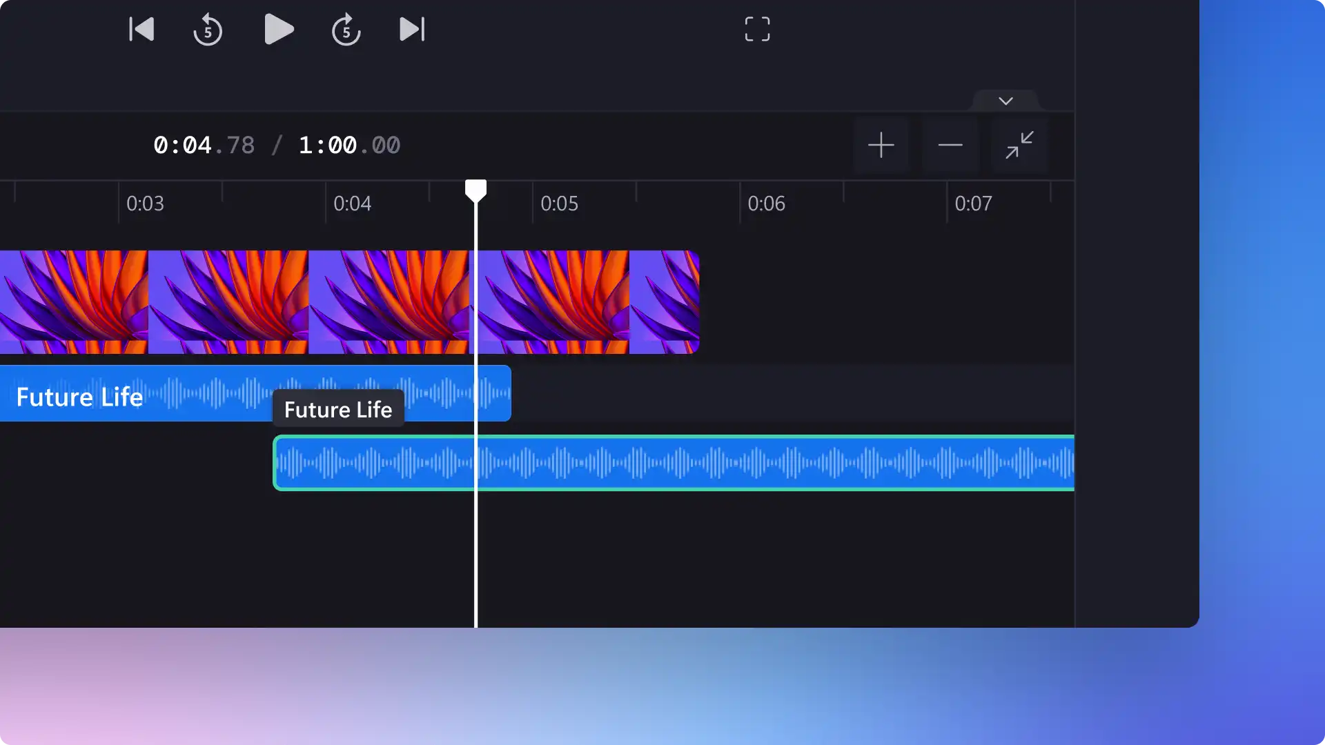 Pengguna mengedit file audio di garis waktu di editor video Clipchamp. 