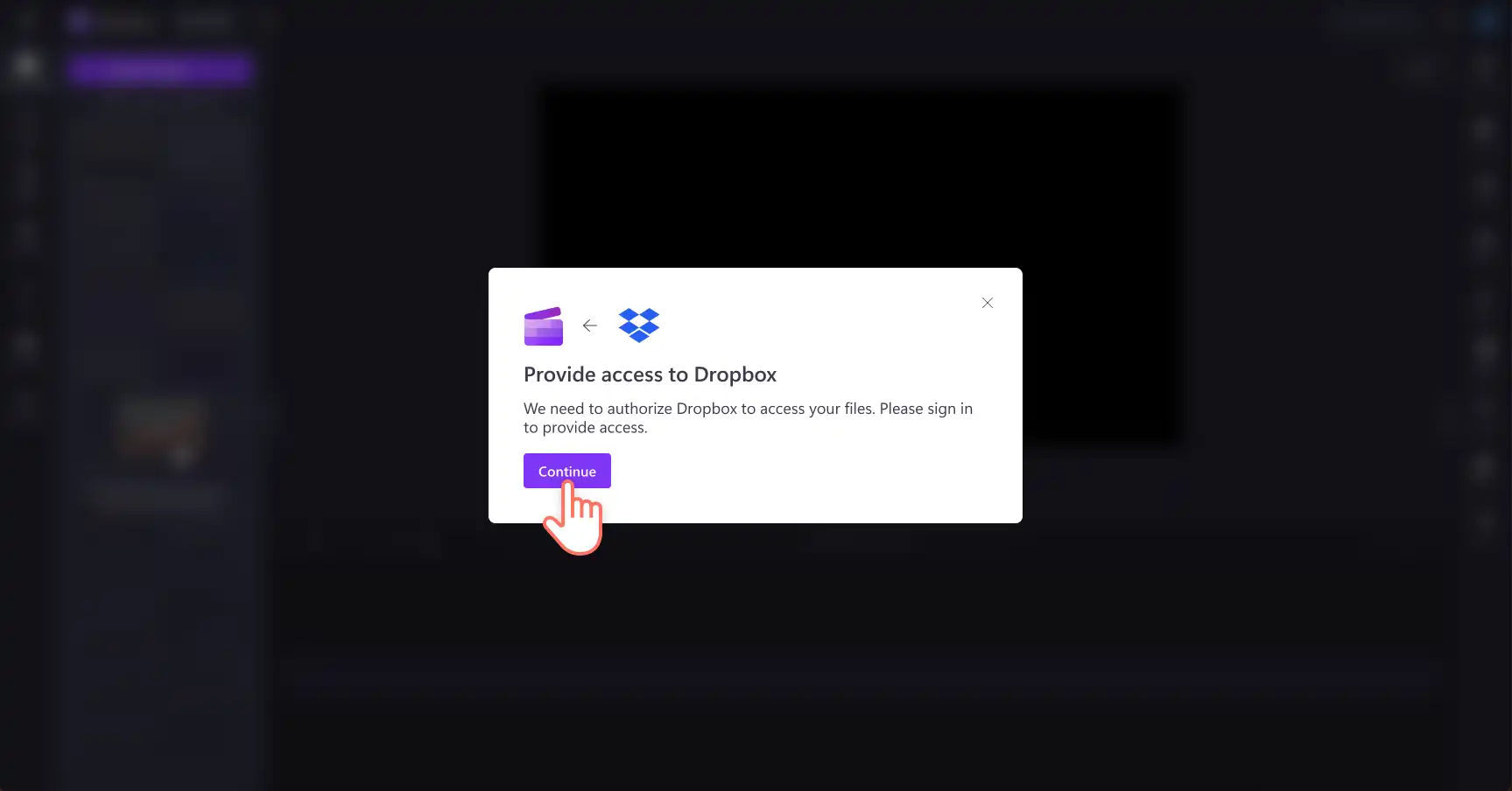 Kuvassa on käyttäjä antamassa Clipchampille Dropbox-käyttöoikeutta.