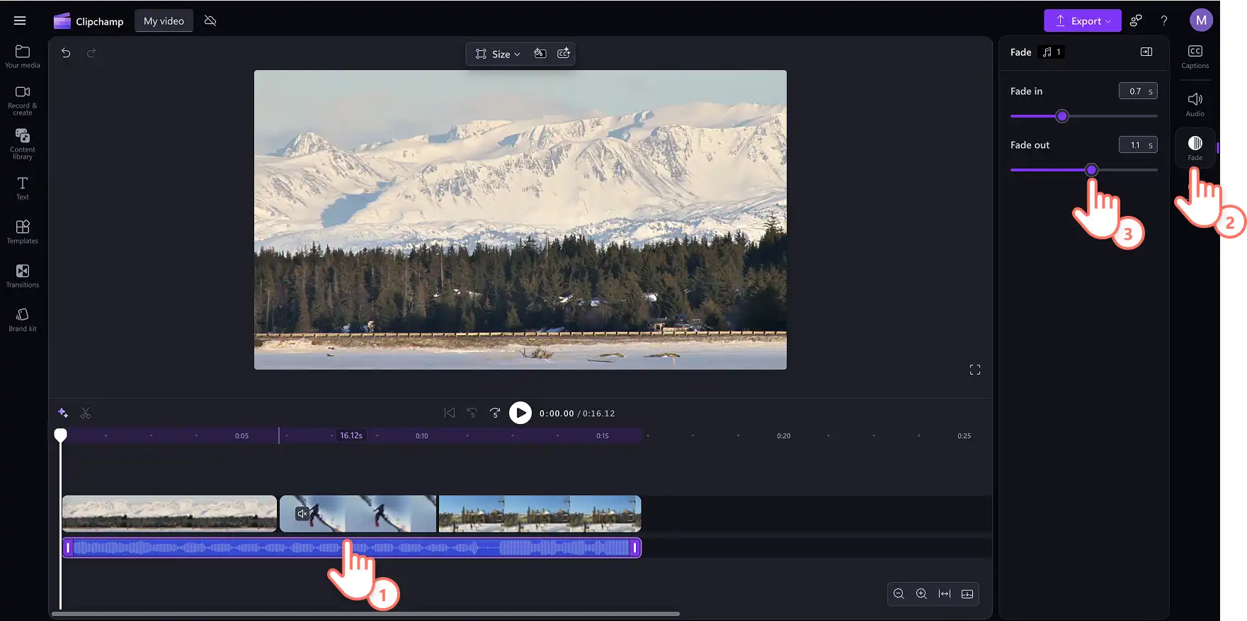 A user adding a fade in and out to a royalty-free song in Clipchamp.